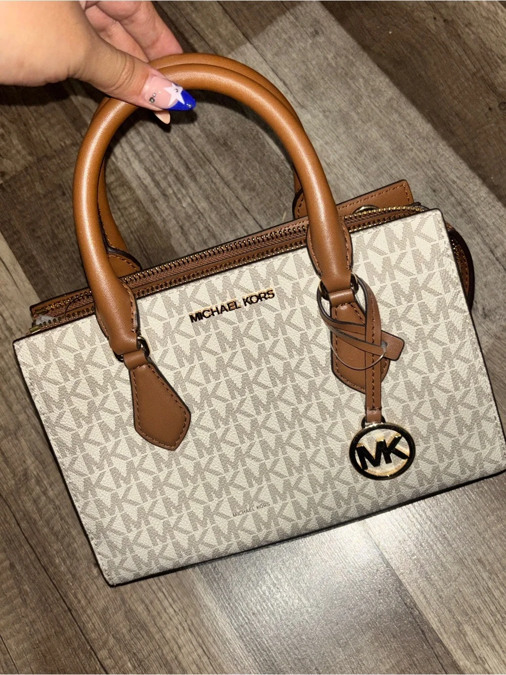 Michael Kors Vanilla & Brown Logo Satchel with Gold MK Charm